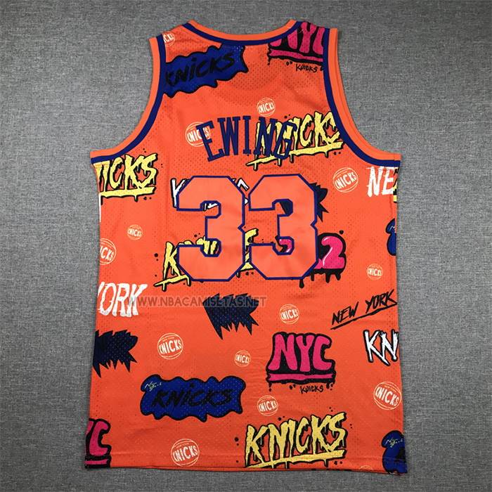 Camiseta New York Knicks Patrick Ewing NO 33 Slap Sticker Mitchell & Ness 1991-92 Naranja